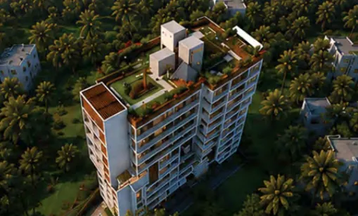 Aerial view of the rooftop terrace and surrounding greenery