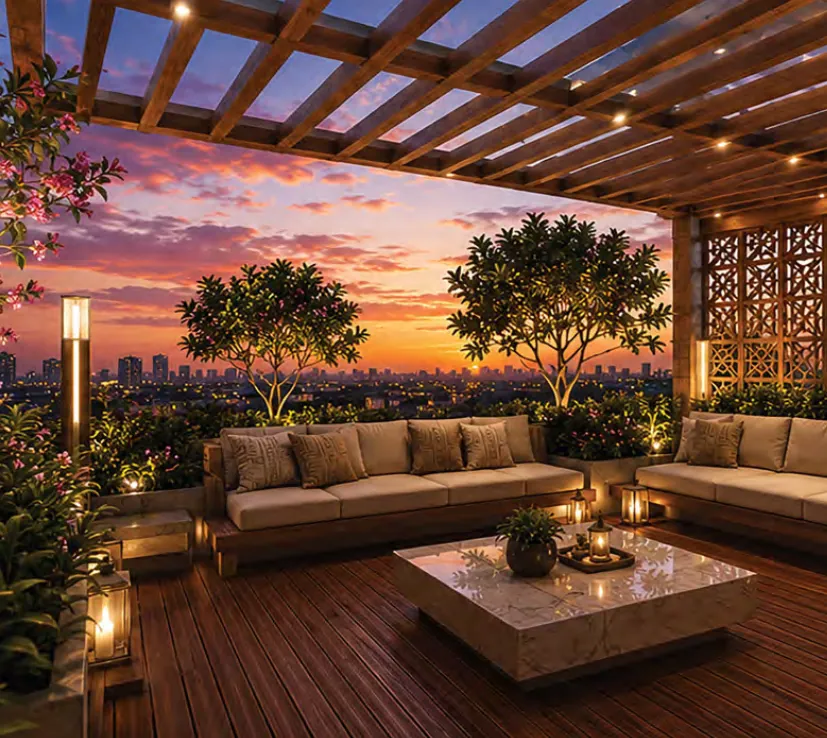 Rooftop sky lounge pavilion at sunset, with sofas, lanterns and a timber pergola