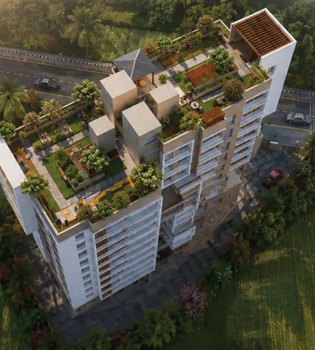 Aerial view of the landscaped top terrace